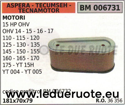 36356 FILTRO ARIA ASPERA TECUMSEH TECNAMOTOR 15 hp OHV 181x70x79 14 15 16 17 110