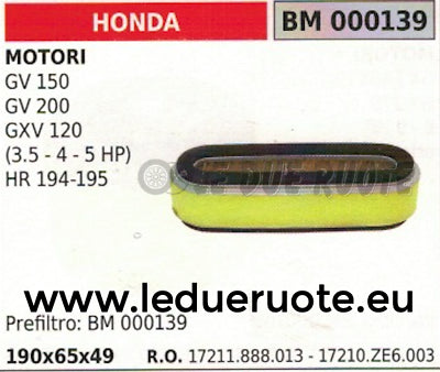 17211888013 FILTRO ARIA MOTORE HONDA GV 150 200 GXV 120 HR 194 915 3.5 4 4.5 HP