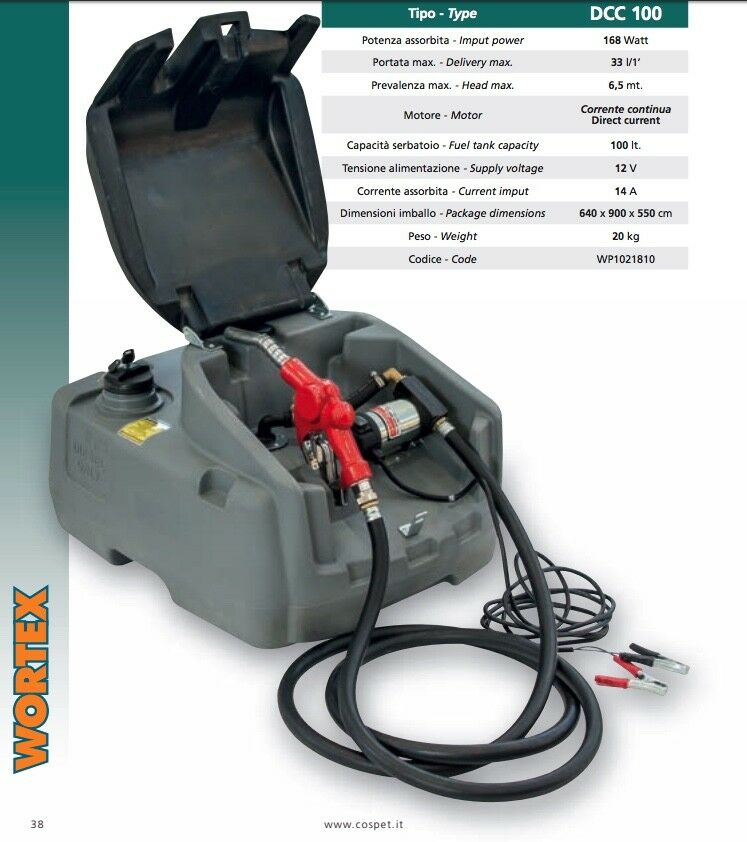 SET PORTATILE TRAVASO GASOLIO SERBATOIO 100L POMPA 12V WORTEX TUBO PROFESSIONALE