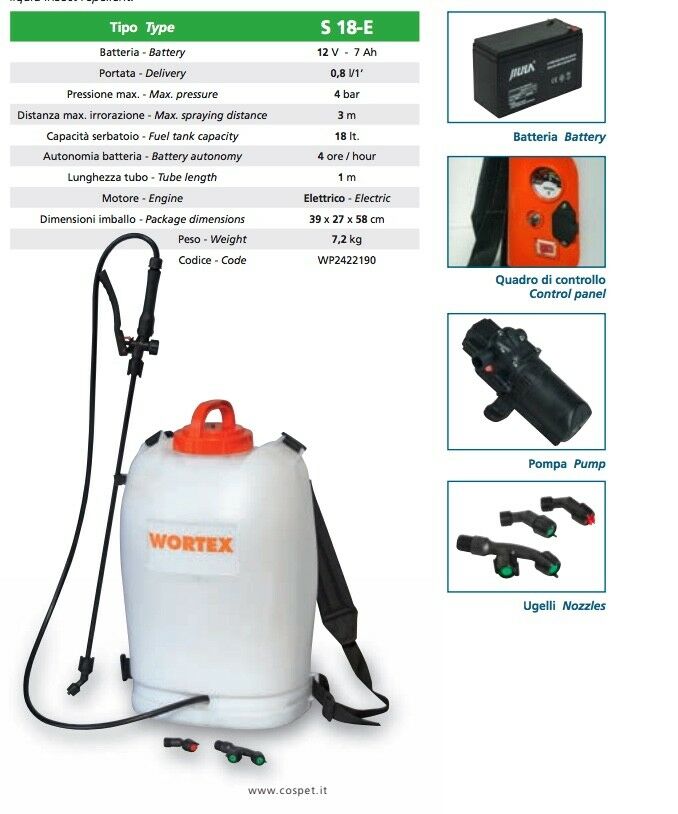 POMPA IRRORATRICE E DISERBO ELETTRICA Batteria 12V Serbatoio 12Lt Autonomia 4ore