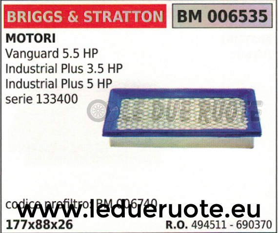 494511 690370 FILTRO ARIA MOTORE BRIGGS & STRATTON VANGUARD 5.5 HP 177x88x26