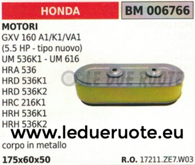 17211ZE7W01 FILTRO ARIA MOTORE HONDA GXV 160A1 160K1 160VA1 5.5HP 175x