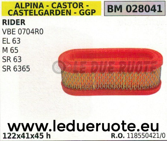 118550421 FILTRO ARIA TRATTORINO RASAERBA STIGA CASTELGARDEN GGP VBE 0704R0 EL63