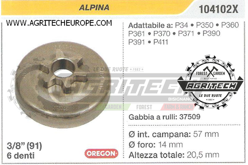104102X OREGON PIGNONE CAMPANA FRIZIONE MOTOSEGA ALPINA P360 P361 .3/8" 6 DENTI