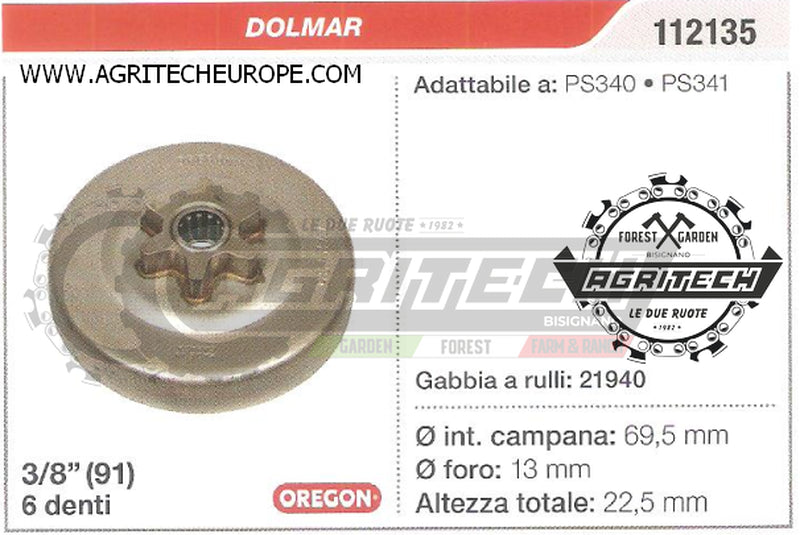 112135 OREGON PIGNONE CAMPANA FRIZIONE MOTOSEGA DOLMAR PS340 PS341 3/8" 6 DENTI