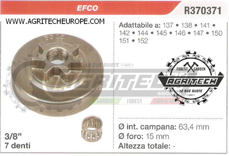 R370371 OREGON PIGNONE CAMPANA FRIZIONE MOTOSEGA EFCO 151 152 3/8" 7 DENTI