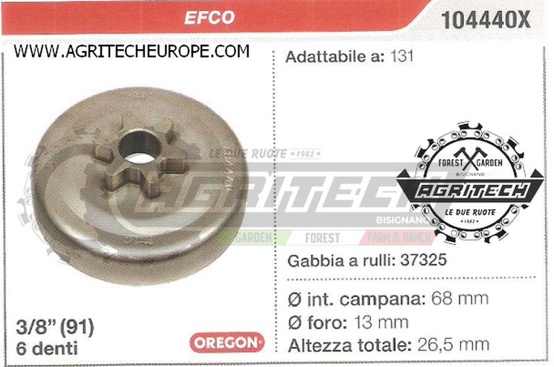 104440X OREGON PIGNONE CAMPANA FRIZIONE MOTOSEGA EFCO 131 3/8" 6 DENTI