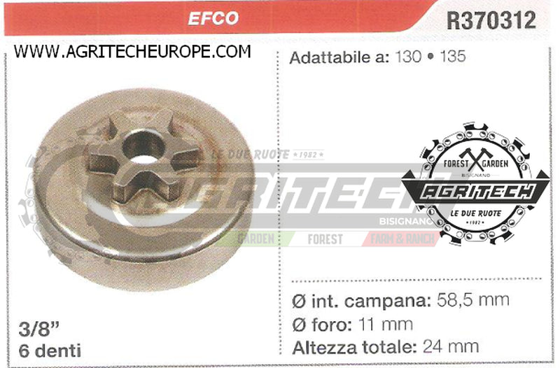 R370312 OREGON PIGNONE CAMPANA FRIZIONE MOTOSEGA EFCO 130 135 3/8" 6 DENTI