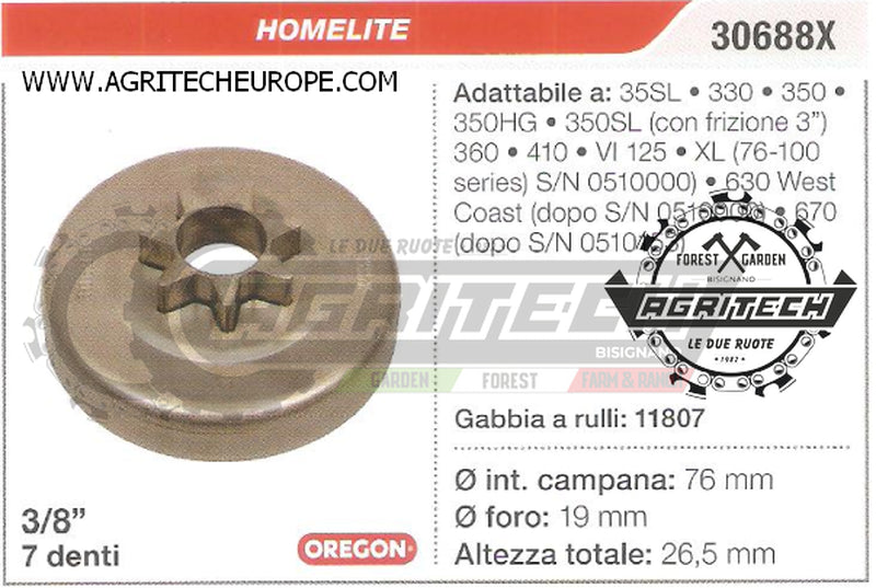 30688X OREGON PIGNONE CAMPANA FRIZIONE MOTOSEGA HOMELITE 360 410 3/8" 7 DENTI