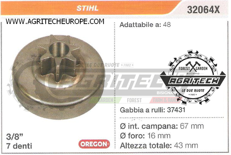 32064X OREGON PIGNONE CAMPANA FRIZIONE MOTOSEGA STIHL 48 3/8" 7 DENTI