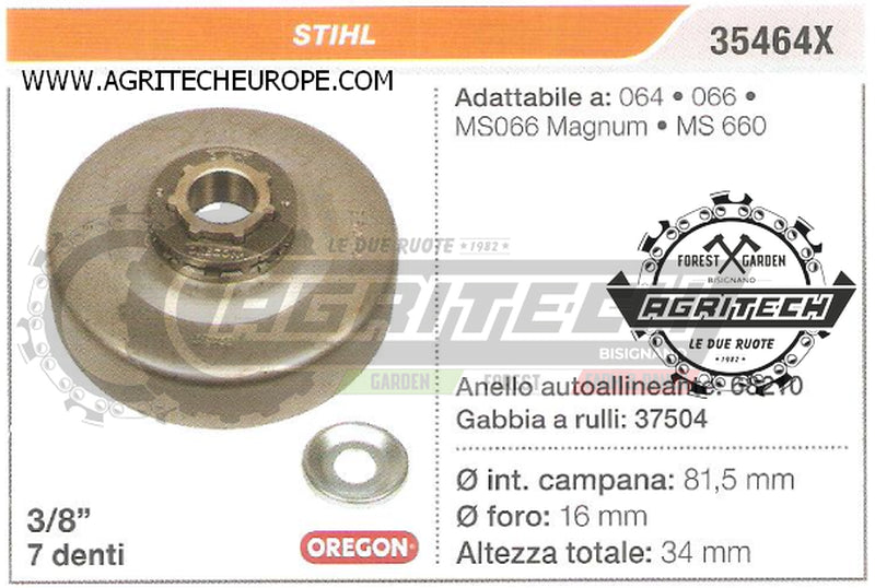 35464X OREGON PIGNONE CAMPANA FRIZIONE MOTOSEGA STIHL MS066 MAGNUM 3/8" 7 DENTI