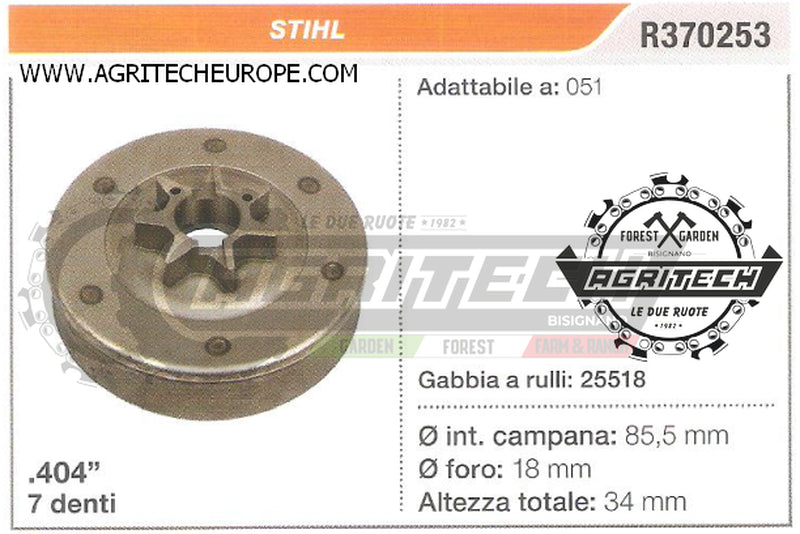 R370253 OREGON PIGNONE CAMPANA FRIZIONE MOTOSEGA STIHL 051 .404" 7 DENTI