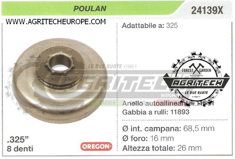 24139X OREGON PIGNONE CAMPANA FRIZIONE MOTOSEGA POULAN 325 .325" 8 DENTI