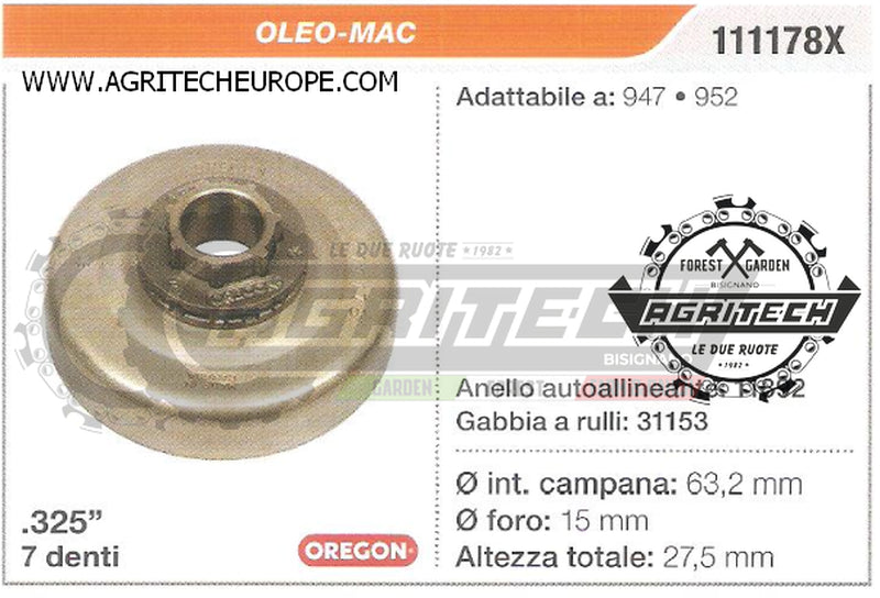 111178X OREGON PIGNONE CAMPANA FRIZIONE MOTOSEGA OLEO-MAC 947 952 .325" 7 DENTI