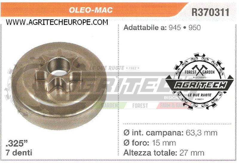 R370311 OREGON PIGNONE CAMPANA FRIZIONE MOTOSEGA OLEO-MAC 945 950 .325" 7 DENTI