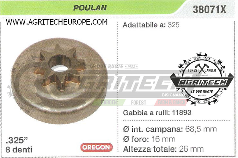 38071X PIGNONE CAMPANA FRIZIONE MOTOSEGA POULAN 325 .325" 7 DENTI