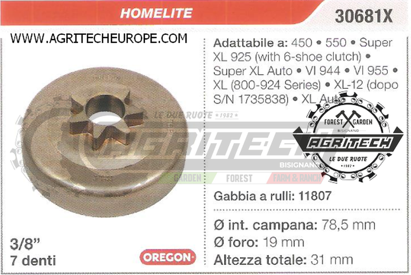 30681X PIGNONE CAMPANA FRIZIONE MOTOSEGA HOMELITE 450 550 3/8 7 DENTI