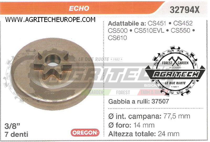 32794X OREGON PIGNONE CAMPANA FRIZIONE MOTOSEGA ECHO CS451 CS452 3/8" 7 DENTI