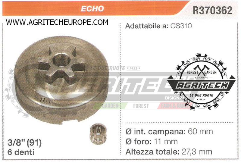 R370362 OREGON PIGNONE CAMPANA FRIZIONE MOTOSEGA ECHO CS310 3/8" 6 DENTI