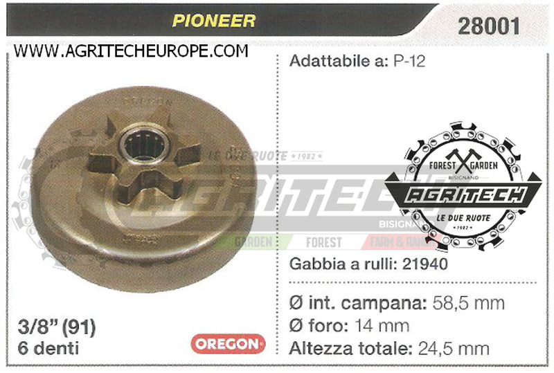28001 OREGON PIGNONE CAMPANA FRIZIONE MOTOSEGA PIONEER P-12 3/8" 6 DENTI