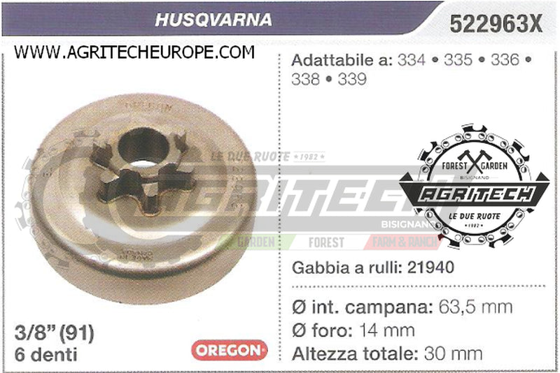 522963X OREGON PIGNONE CAMPANA FRIZIONE MOTOSEGA HUSQVARNA 336 338 3/8" 6 DENTI