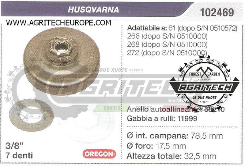 102469 OREGON PIGNONE CAMPANA FRIZIONE MOTOSEGA HUSQVARNA 61 266 3/8" 7 DENTI