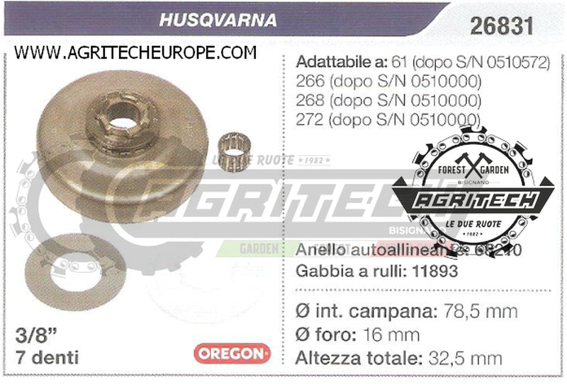 26831 OREGON PIGNONE CAMPANA FRIZIONE MOTOSEGA HUSQVARNA 61 266 3/8" 7 DENTI