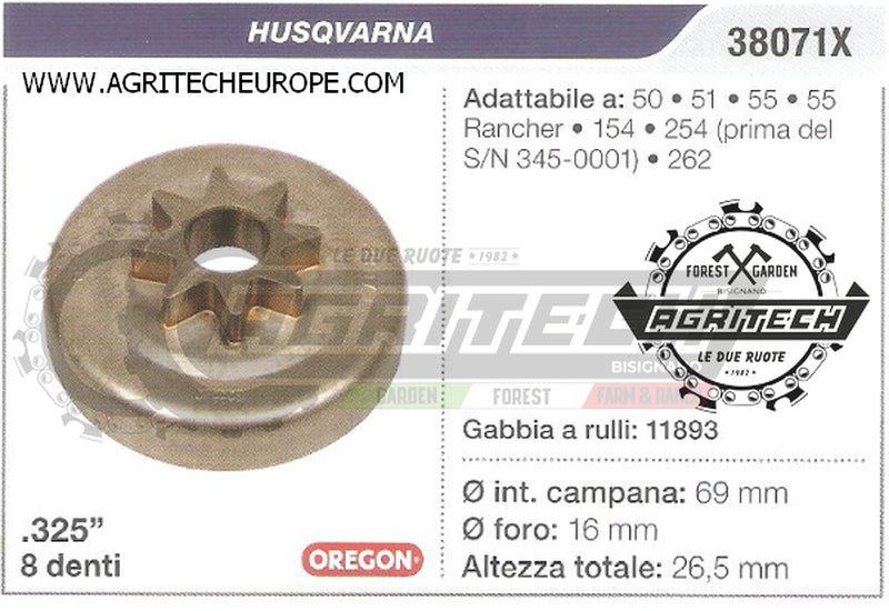 PIGNONE CAMPANA FRIZIONE MOTOSEGA HUSQVARNA 55 154 .325" 7 DENTI EX 38071X OREGON