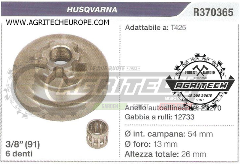R370365 OREGON PIGNONE CAMPANA FRIZIONE MOTOSEGA HUSQVARNA T425 3/8" 6 DENTI