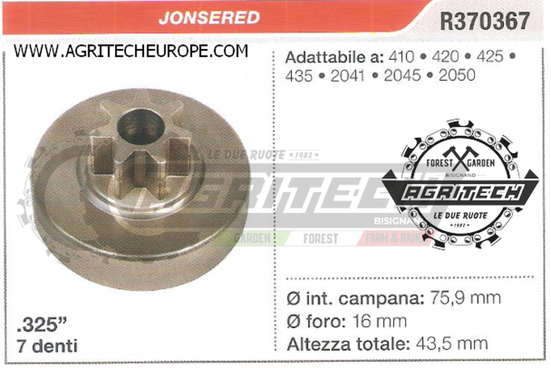 R370367 PIGNONE CAMPANA FRIZIONE MOTOSEGA JONSERED 2050 2045 2041 .325" 7 DENTI