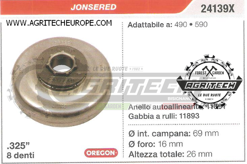 24139X OREGON PIGNONE CAMPANA FRIZIONE MOTOSEGA JONSERED 490 590 .325" 8 DENTI