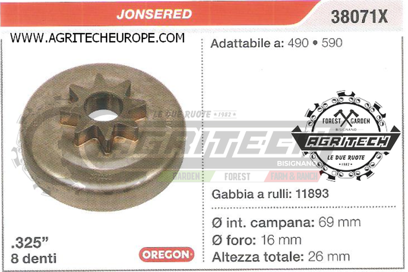 38071X PIGNONE CAMPANA FRIZIONE MOTOSEGA JONSERED 490 590 .325" 7 DENTI