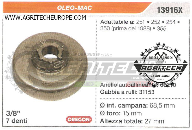 13916X OREGON PIGNONE CAMPANA FRIZIONE MOTOSEGA OLEO-MAC 254 350 3/8" 7 DENTI