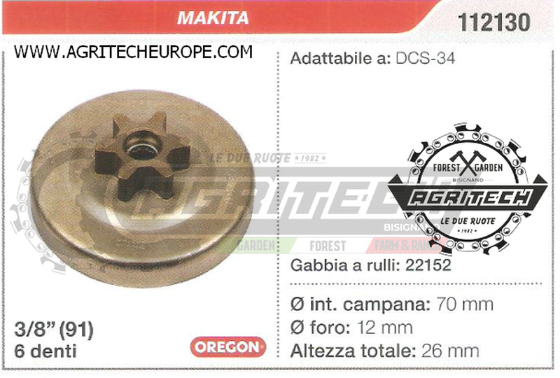 112130 OREGON PIGNONE CAMPANA FRIZIONE MOTOSEGA MAKITA DCS-34 3/8" 6 DENTI