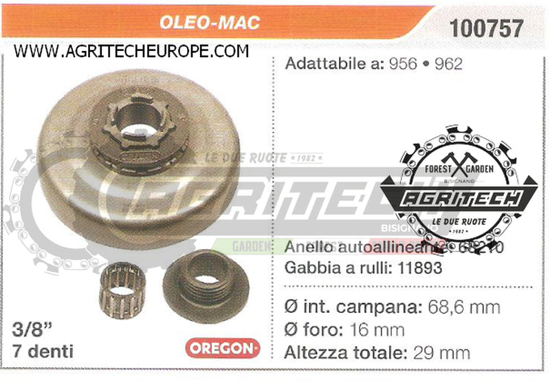 100757 OREGON PIGNONE CAMPANA FRIZIONE MOTOSEGA OLEO-MAC 956 962 3/8" 7 DENTI
