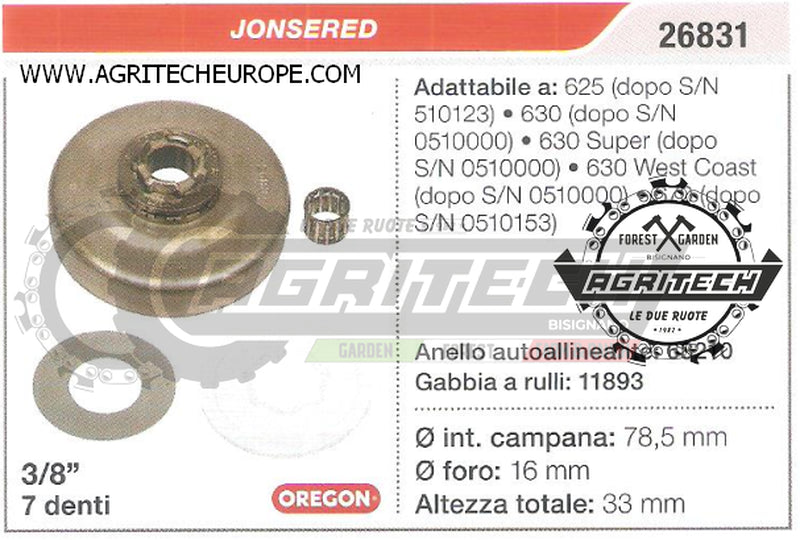 26831 OREGON PIGNONE CAMPANA FRIZIONE MOTOSEGA JONSERED 630 625 3/8" 7 DENTI