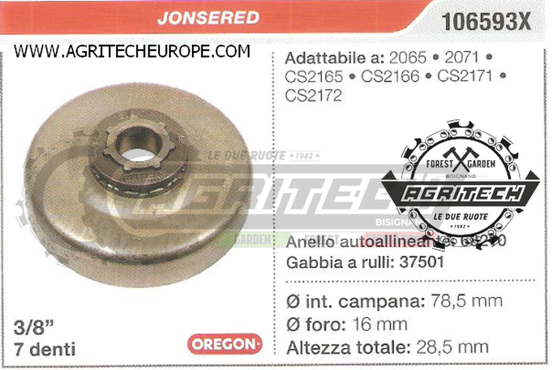 106593X OREGON PIGNONE CAMPANA FRIZIONE MOTOSEGA JONSERED 2065 2071 3/8" 7 DENTI