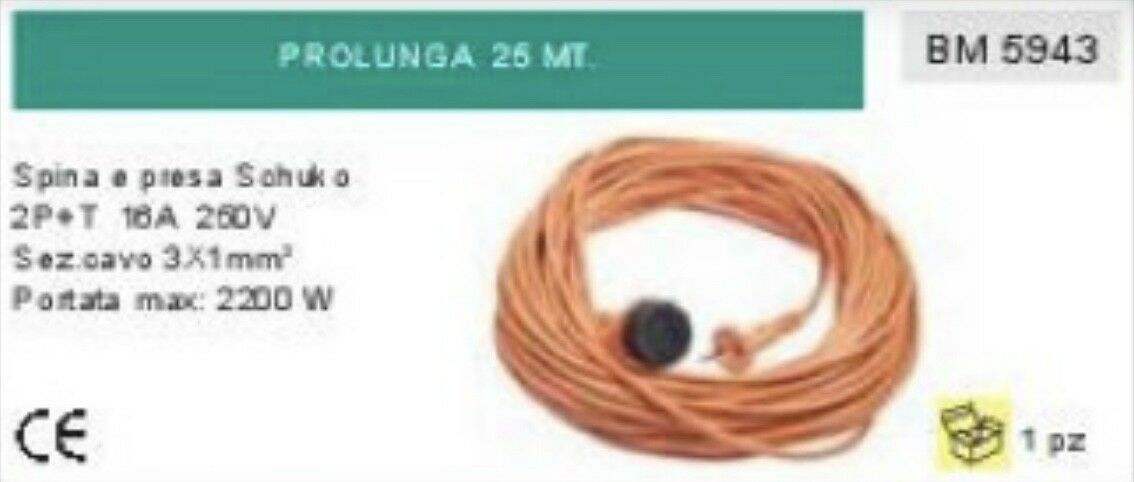 CAVO PROLUNGA 25m PRESA SCHUKO TEDESCA 16A 260V protezione termica fino 2200W