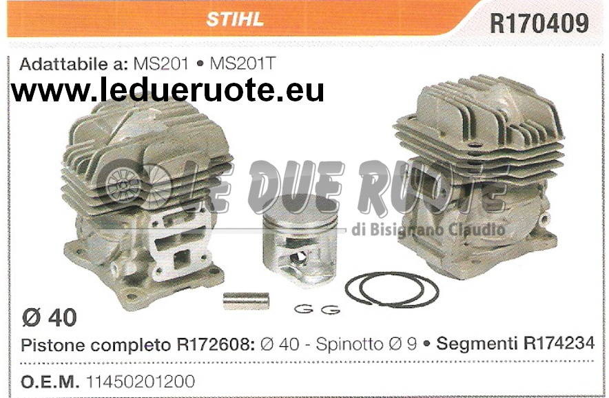 11450201200 Kit cilindto e pistone Adattabile per Motosega STIHL MS201 MS201T Ø 40