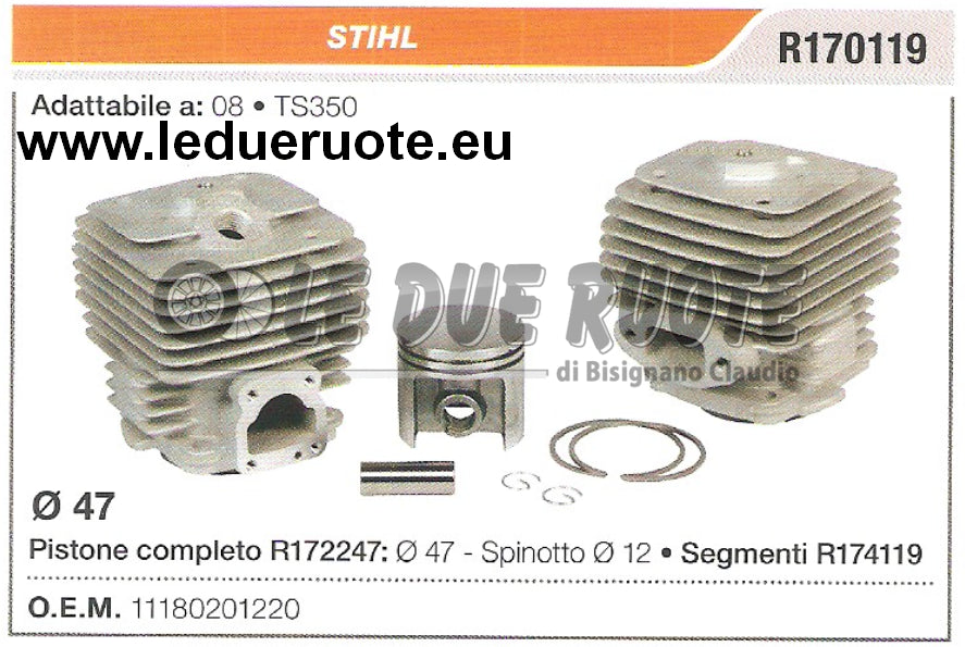 111802012220 KIT CILINDRO E PISTONE STIHL 08 TS350 MOTOSEGA Ø 47 SPINOTTO 12