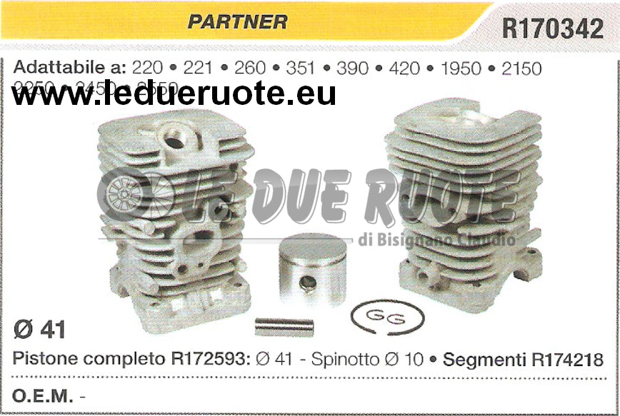 R170342 KIT CILINDRO E PISTONE PARTNER 420 1950 2150 MOTOSEGA Ø 41 SPIN 10