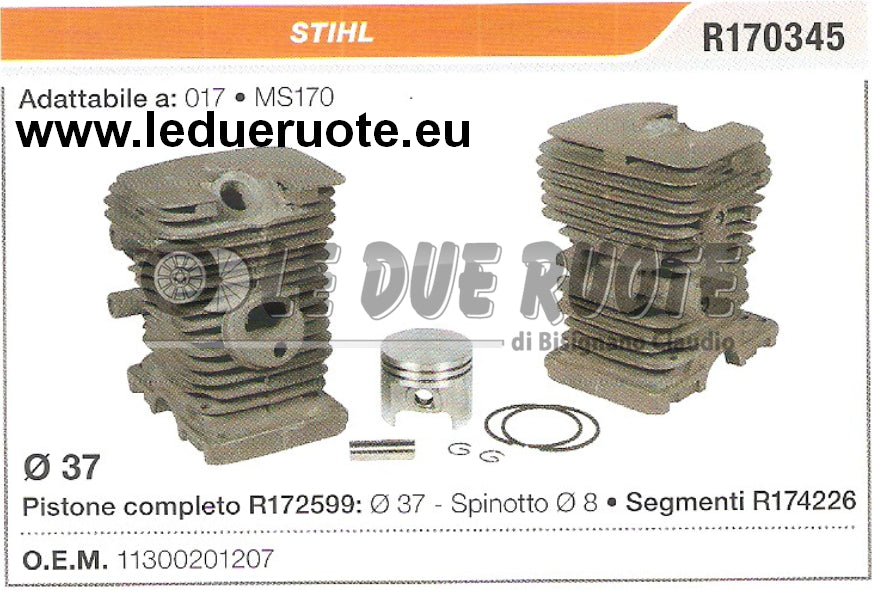 11300201207 KIT CILINDRO E PISTONE STIHL 017 MS170 MOTOSEGA Ø 37 SPINOTTO 8