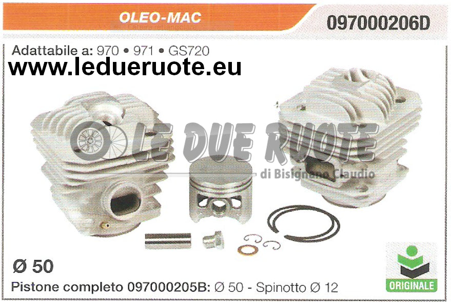 097000206D KIT CILINDRO E PISTONE OLEO-MAC 970 971 GS720 MOTOSEGA ORIGINALE Ø 50