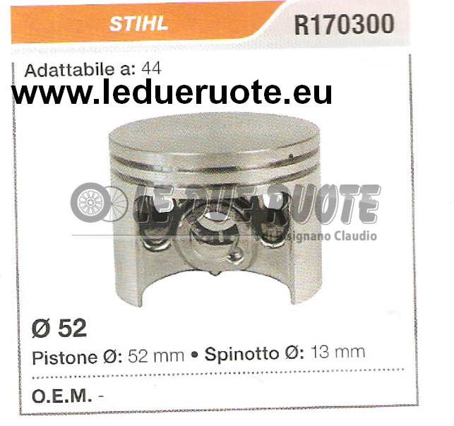 R170300 PISTONE COMPLETO STIHL 44 MOTOSEGA Ø 52 SPINOTTO 13
