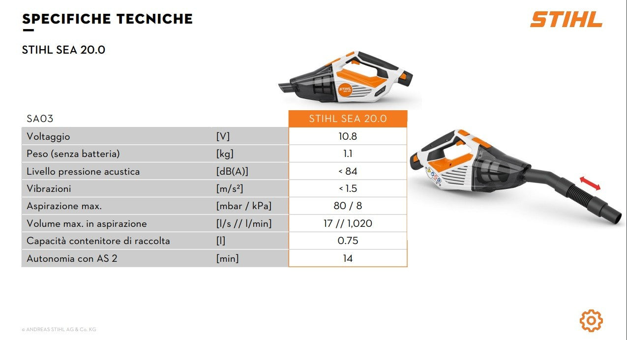 ASPIRATORE MANUALE A BATTERIA ORIGINALE STIHL SEA 20 CON BATTERIA E CARICABATTERIE