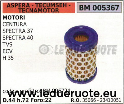 35066 FILTRO ARIA ASPERA TECUMSEH TECNAMOTOR CENTURA SPECTRA 37 40 Diam 44 h.72