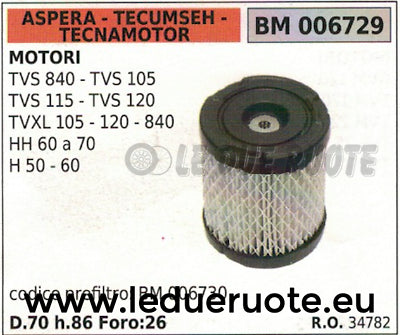 34782 FILTRO ARIA ASPERA TECUMSEH TECNAMOTOR TVS 840 105 115 120 TVXL 70x86