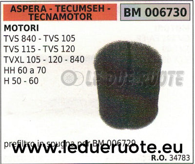 34783 FILTRO ARIA SPUGNA ASPERA TECUMSEH TECNAMOTOR TVS 840 105 115 120 d70