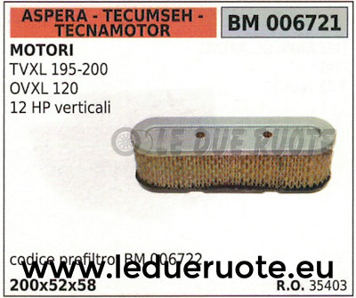 35403 FILTRO ARIA ASPERA TECUMSEH TECNAMOTOR TVXL 195 200 OVXL 120 12 HP 200x52