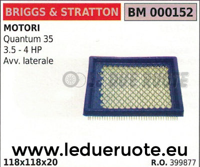 399877 FILTRO ARIA MOTORE BRIGGS & STRATTON QUANTUM 35 3,5 4 HP 118x118x20